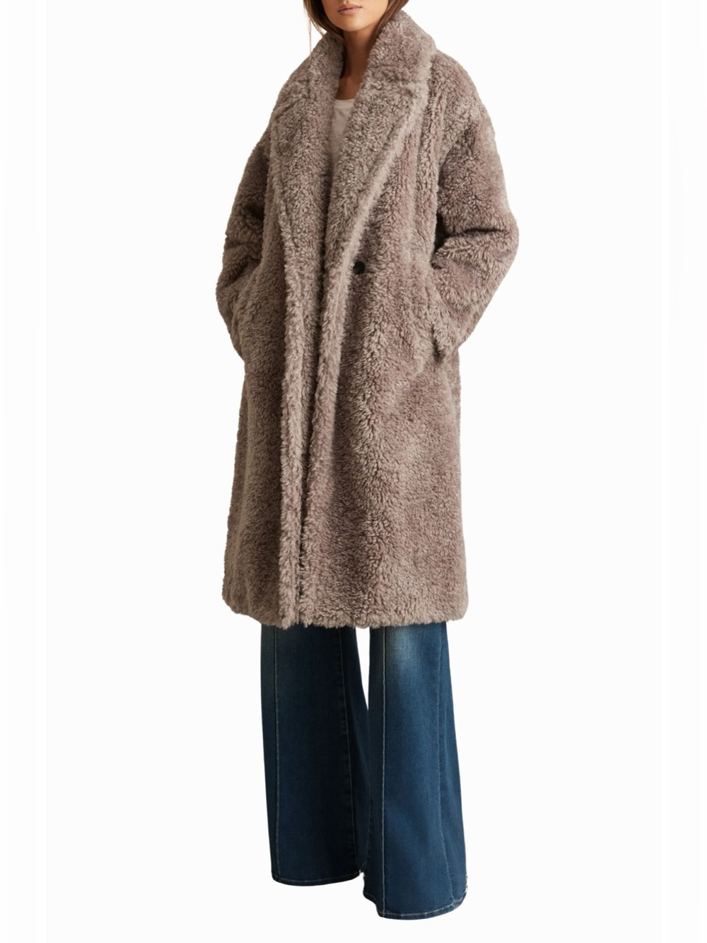 Reiss Darla Faux Fur Coat Faux-Shearling Taupe XS NWT